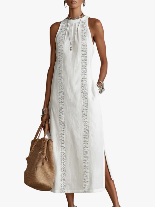 Women's Sleeveless Lace Panel Side Slit Maxi Dress
