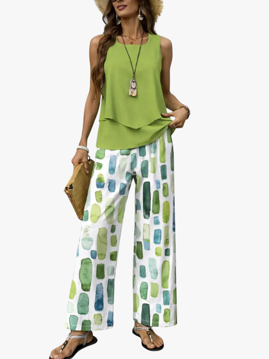 Women's Sleeveless Layered Top and Printed Wide Leg Pants Set