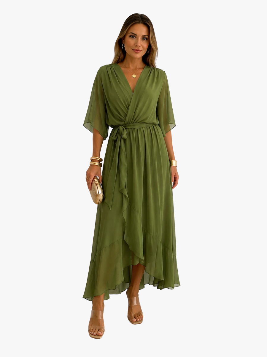 Women's V-Neck Tie Waist High Low Midi Dress
