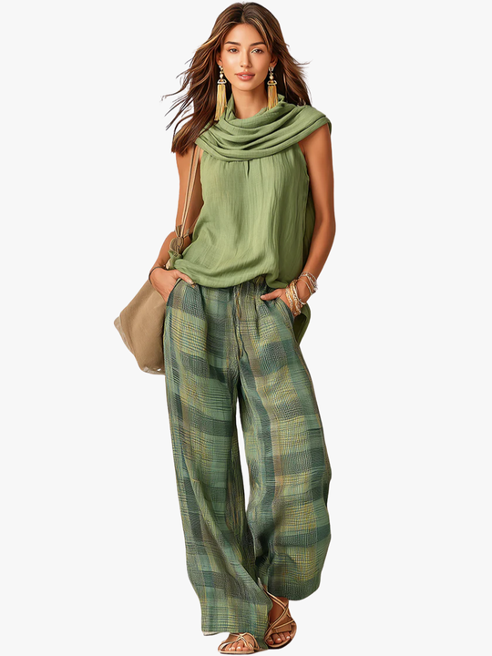 Women's Sleeveless Draped Neck Top and Plaid Wide Leg Pants Set