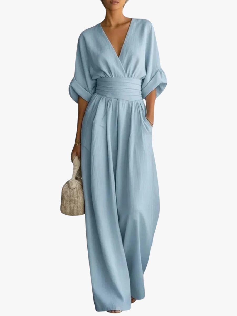 Women's V-Neck Pleated Waist Wide Leg Jumpsuit
