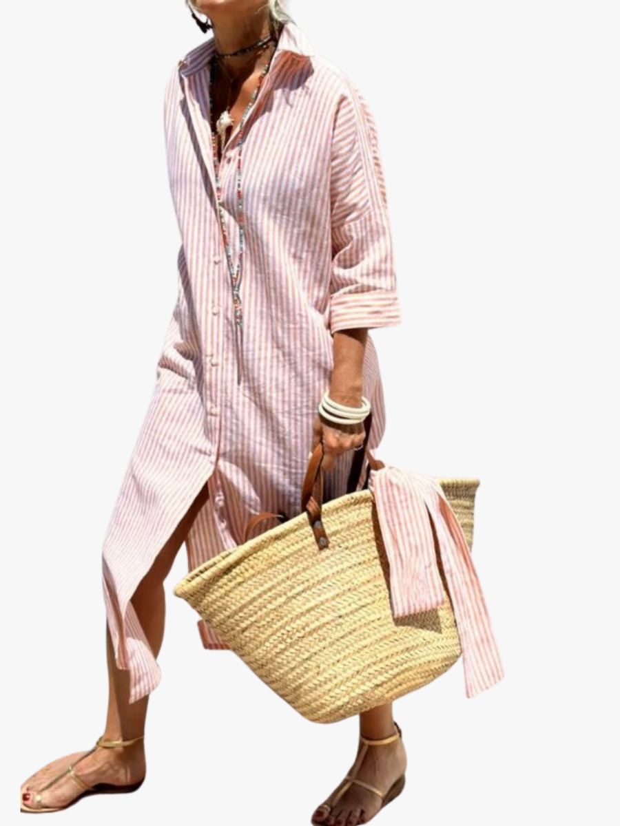 Women's Striped Button Front Shirt Midi Dress
