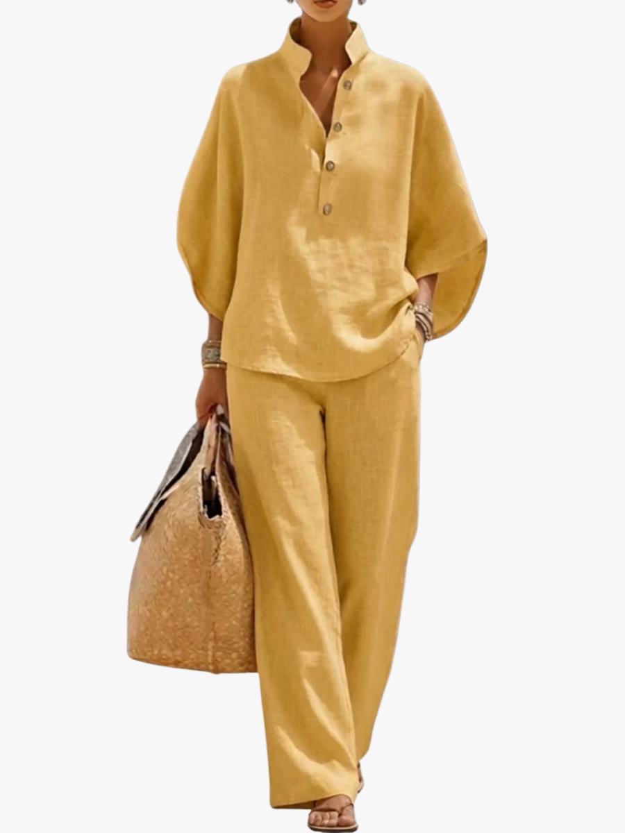 Women's Button Detail Relaxed Blouse and Wide Leg Pants Set
