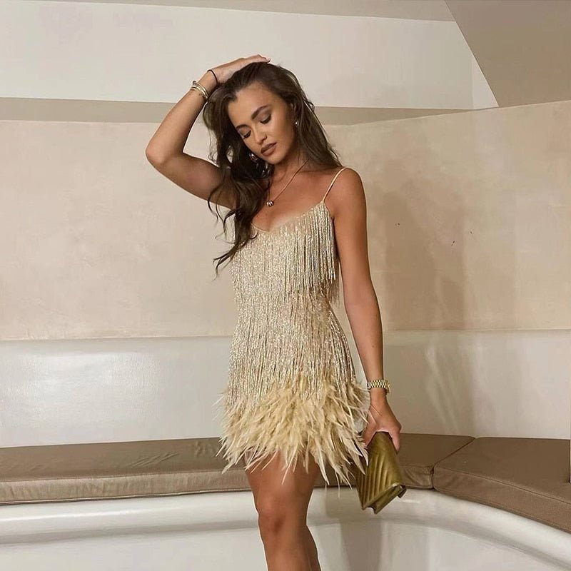 Women's Fringe Feather Trim Cocktail Mini Dress