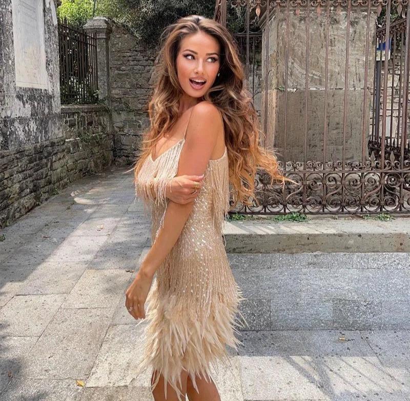 Women's Glamorous Fringe Feather Cocktail Mini Dress