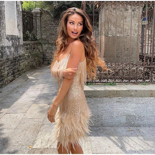 Women's Fringe Feather Trim Cocktail Mini Dress