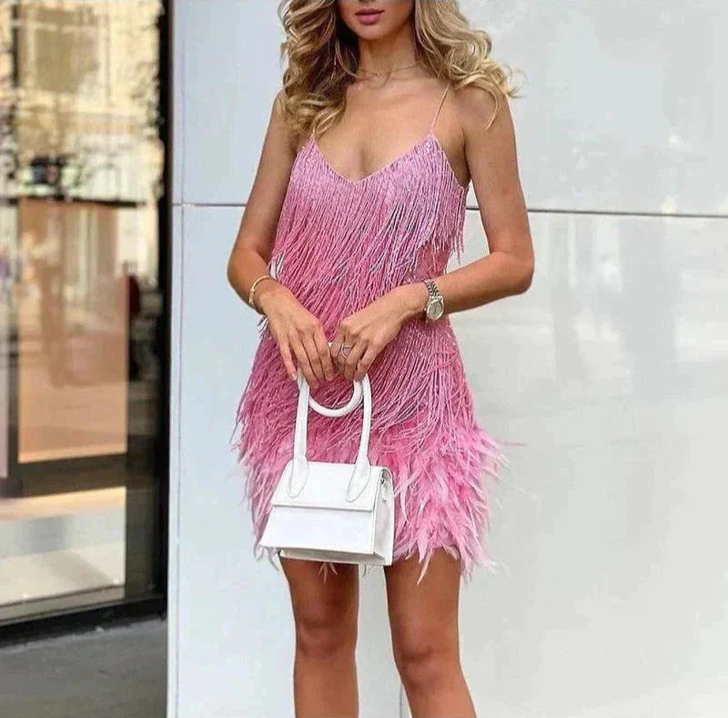 Women's Glamorous Fringe Feather Cocktail Mini Dress