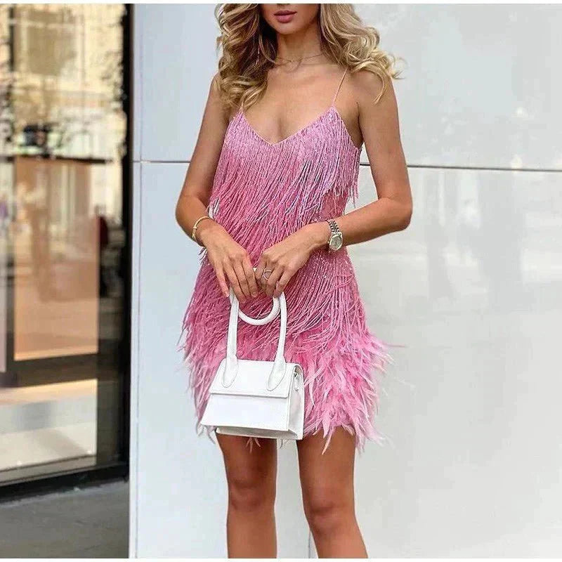 Women's Fringe Feather Trim Cocktail Mini Dress