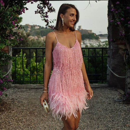 Women's Glamorous Fringe Feather Cocktail Mini Dress
