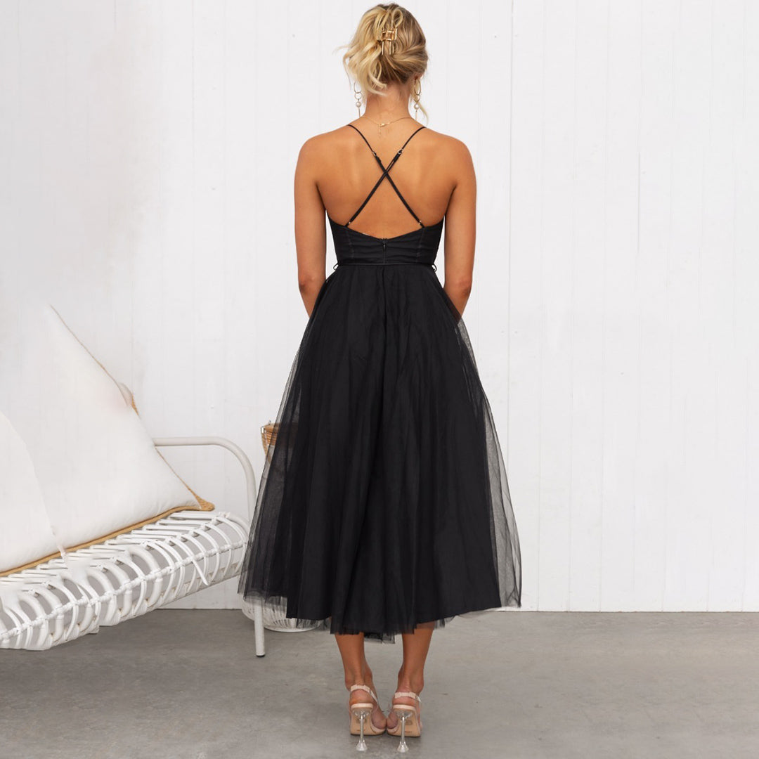 Women's Romantic Corset Tulle Midi Dress with Ruched Bust