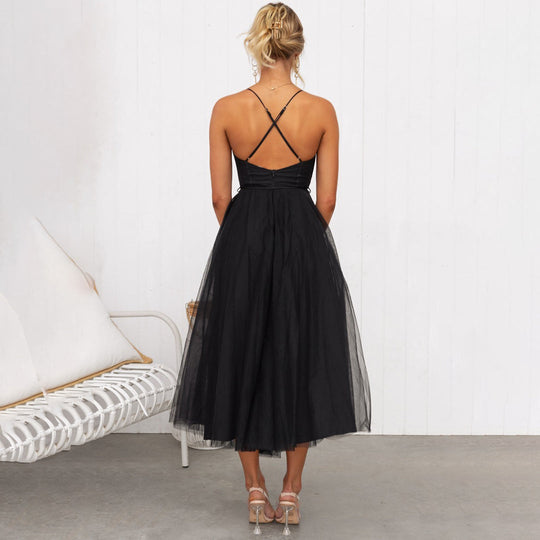 Women's Romantic Corset Tulle Midi Dress with Ruched Bust