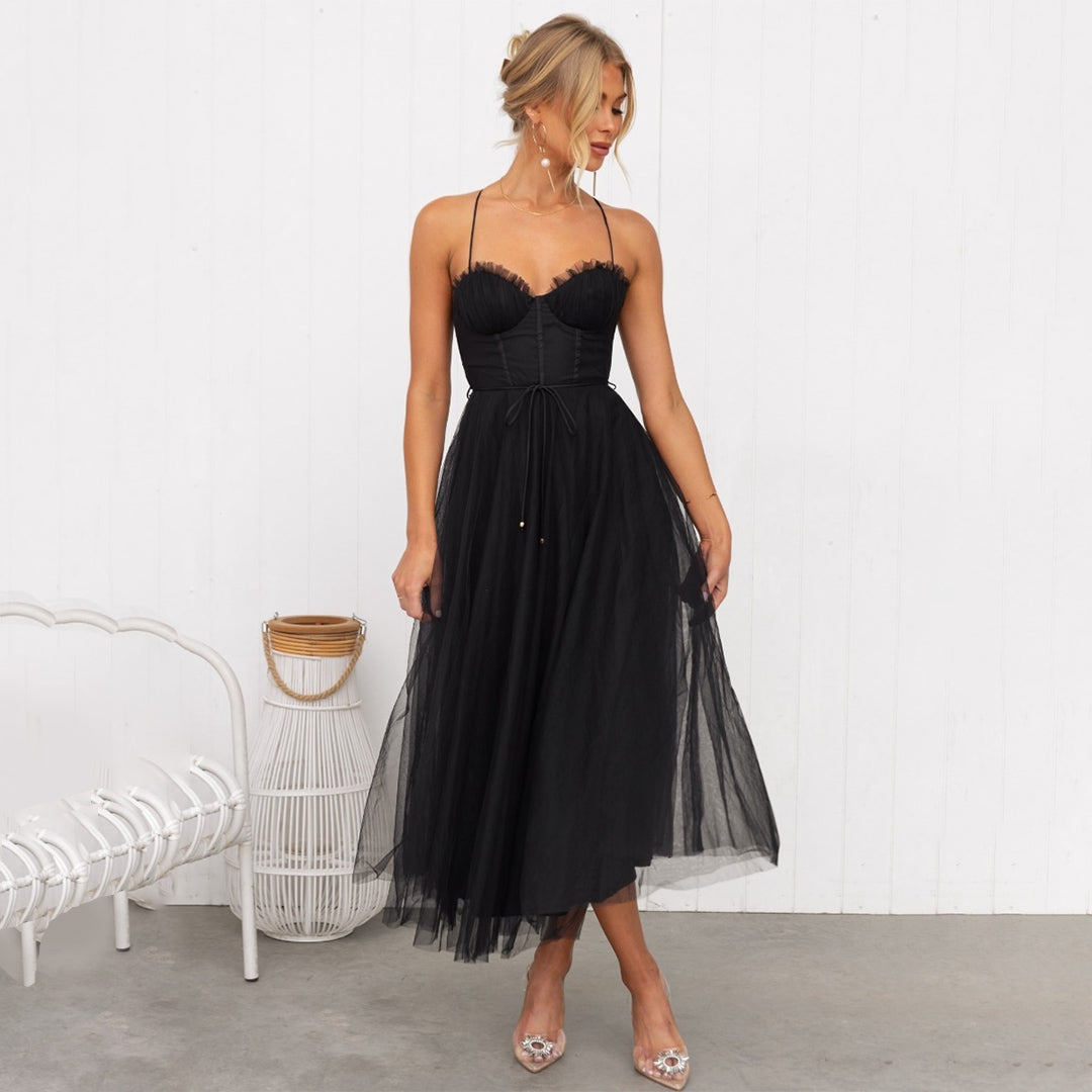 Women's Romantic Corset Tulle Midi Dress with Ruched Bust
