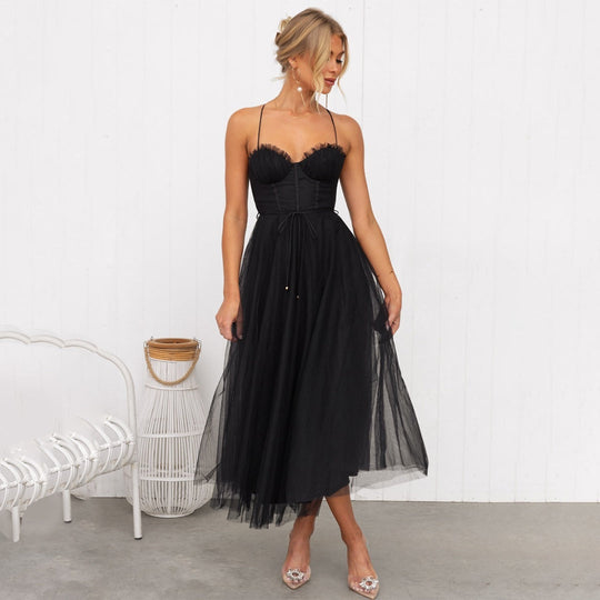 Women's Romantic Corset Tulle Midi Dress with Ruched Bust