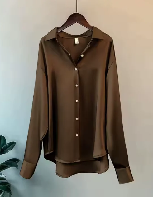 Women's Satin Button-Up Long Sleeve Blouse