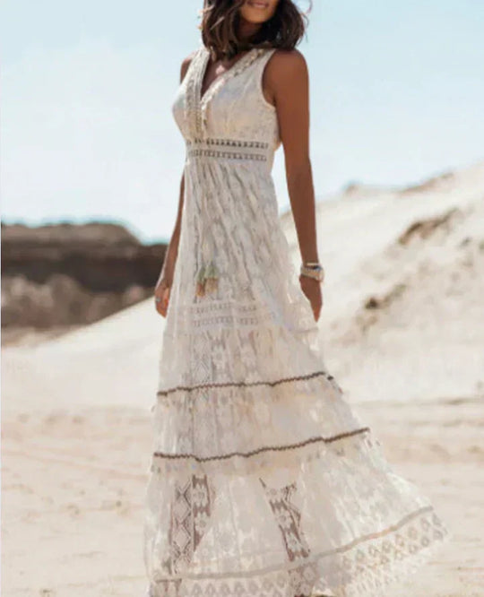 Women's Bohemian Lace Tiered Maxi Dress