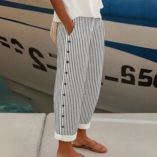 Women's Striped Linen Blend Relaxed Fit Cropped Trousers