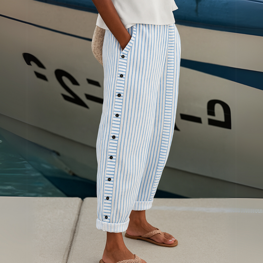 Women's Striped Linen Blend Relaxed Fit Cropped Trousers