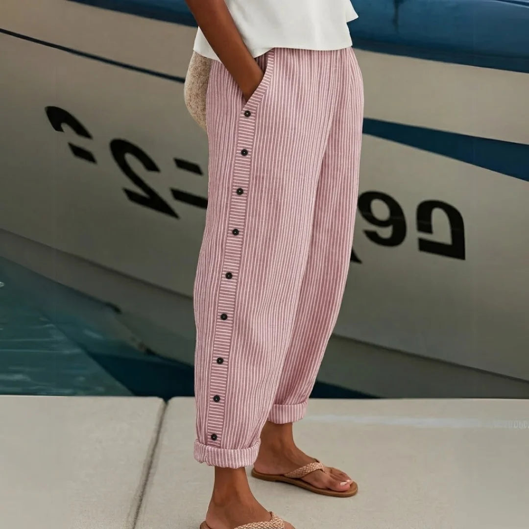 Women's Striped Linen Blend Relaxed Fit Cropped Trousers