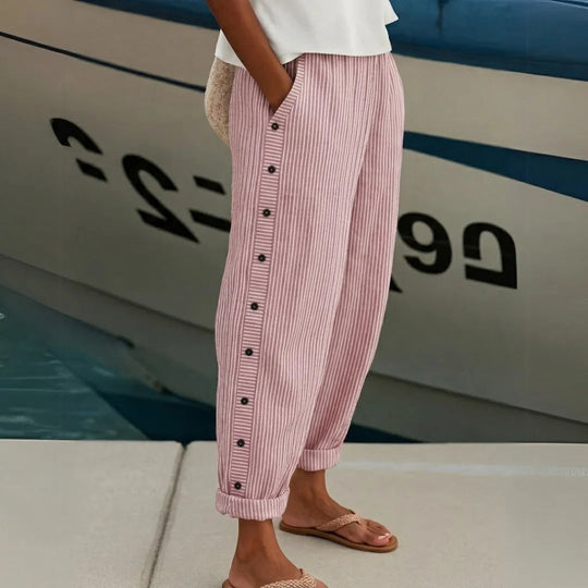 Women's Striped Linen Blend Relaxed Fit Cropped Trousers