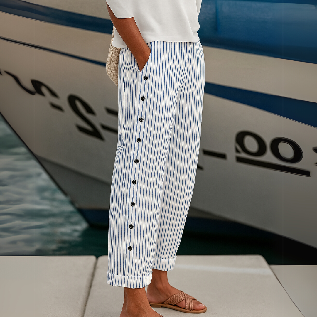 Women's Striped Linen Blend Relaxed Fit Cropped Trousers