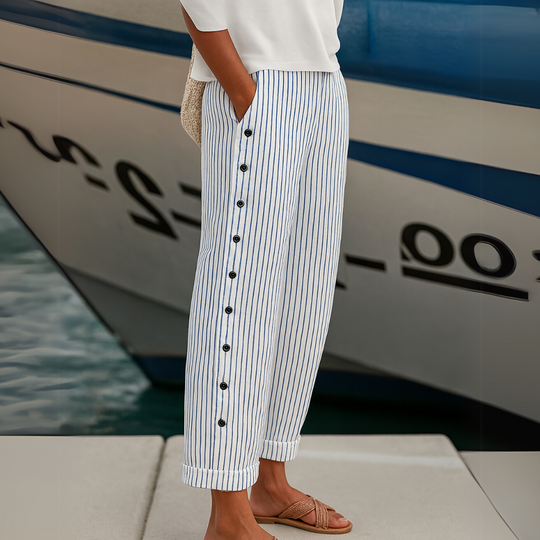 Women's Striped Linen Blend Relaxed Fit Cropped Trousers
