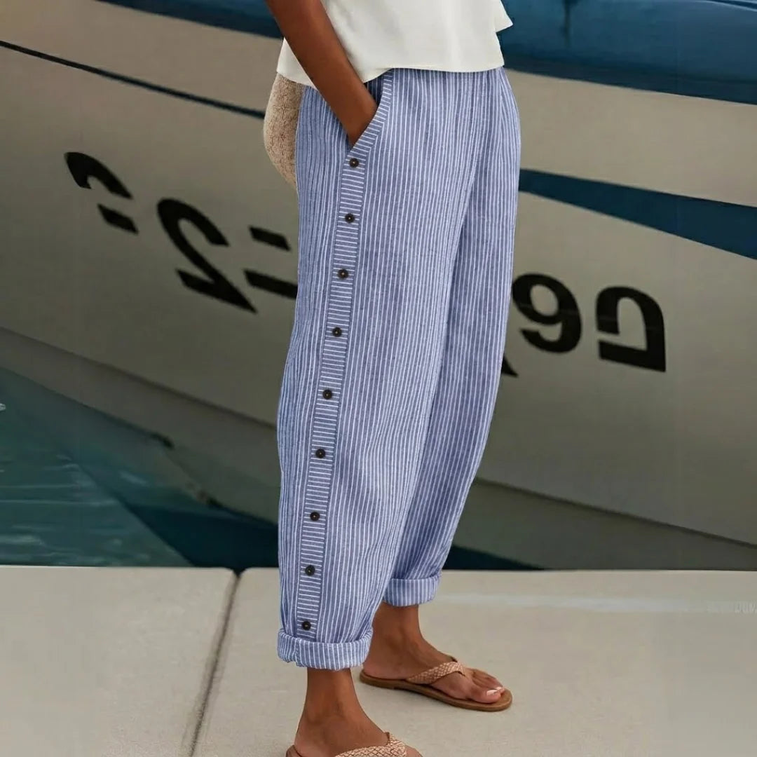 Women's Striped Linen Blend Relaxed Fit Cropped Trousers