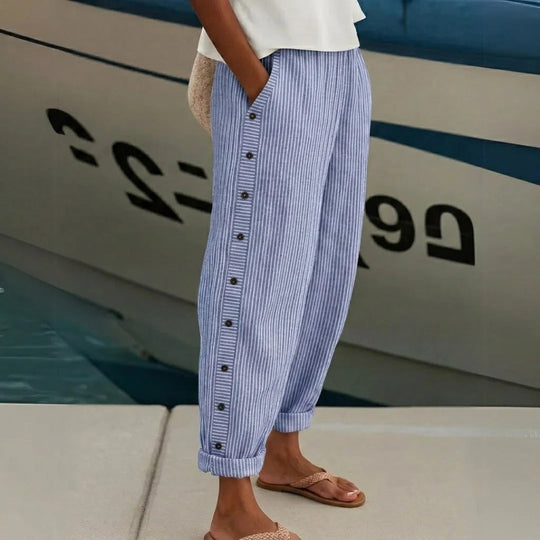 Women's Striped Linen Blend Relaxed Fit Cropped Trousers
