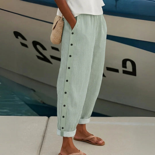 Women's Striped Linen Blend Relaxed Fit Cropped Trousers