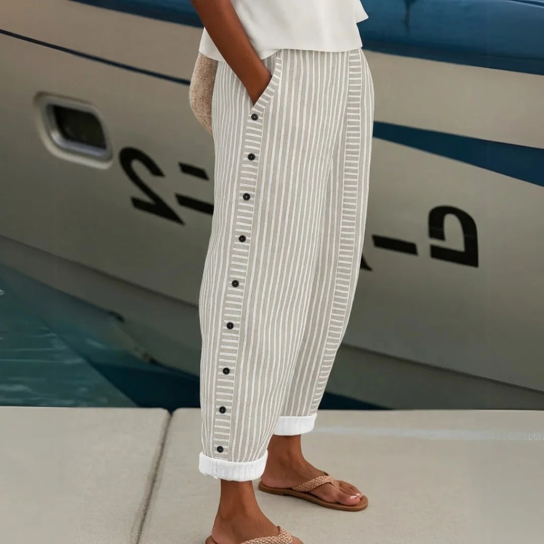 Women's Striped Linen Blend Relaxed Fit Cropped Trousers