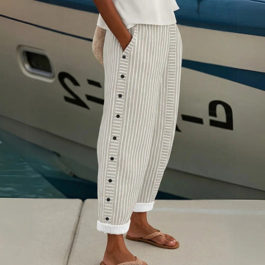 Women's Striped Linen Blend Relaxed Fit Cropped Trousers