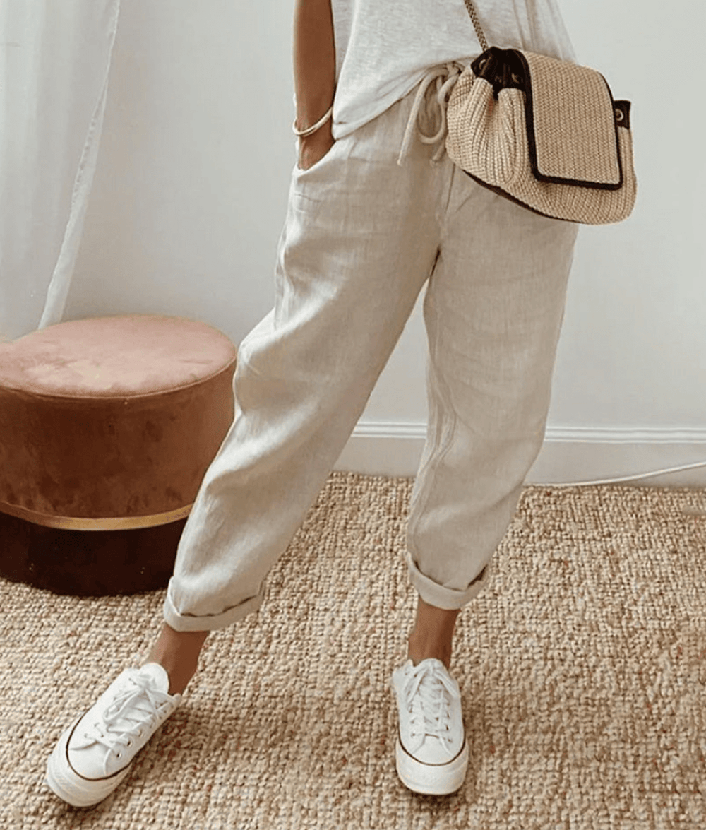 Women's Printed Linen Blend Relaxed Fit Cropped Trouser