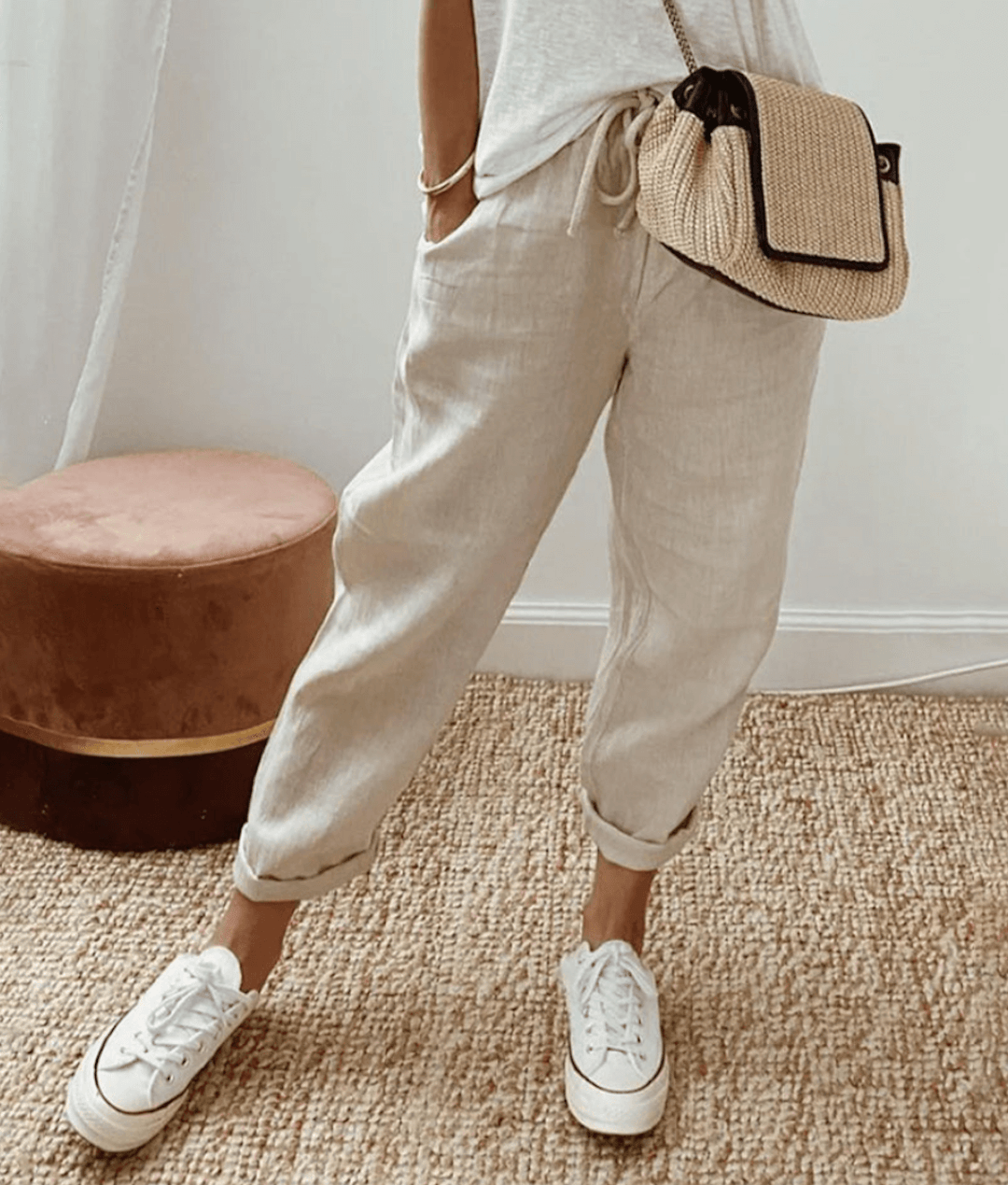 Women's Printed Linen Blend Relaxed Fit Cropped Trouser