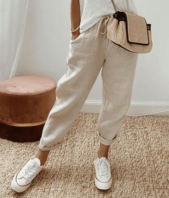 Women's Printed Linen Blend Relaxed Fit Cropped Trouser