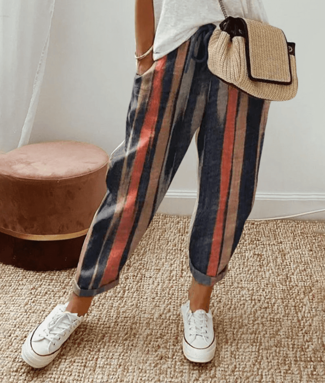 Women's Printed Linen Blend Relaxed Fit Cropped Trouser