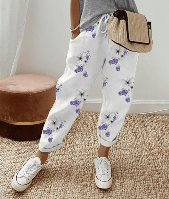 Women's Printed Linen Blend Relaxed Fit Cropped Trouser