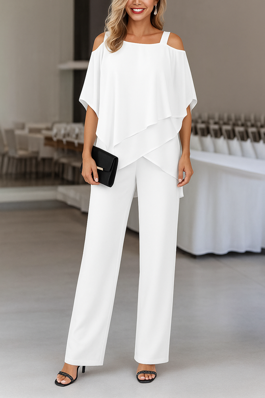 Women's Cold Shoulder Layered Chiffon Wide Leg Jumpsuit