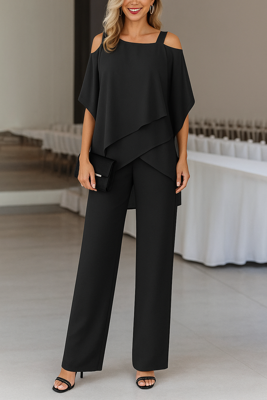 Women's Cold Shoulder Layered Chiffon Wide Leg Jumpsuit