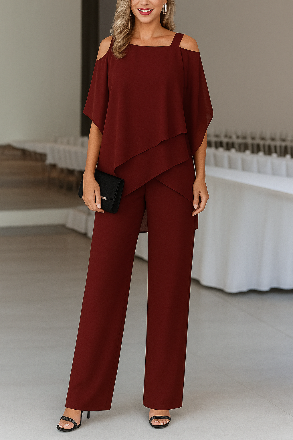 Women's Cold Shoulder Layered Chiffon Wide Leg Jumpsuit