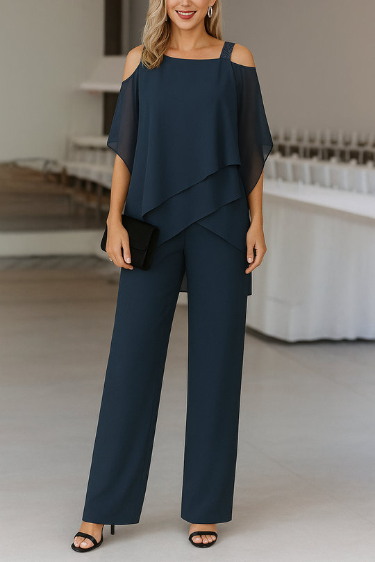 Women's Cold Shoulder Layered Chiffon Wide Leg Jumpsuit