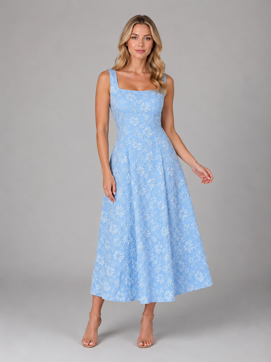 Women's Floral Jacquard Midi Dress – Wedding Guest Occasion