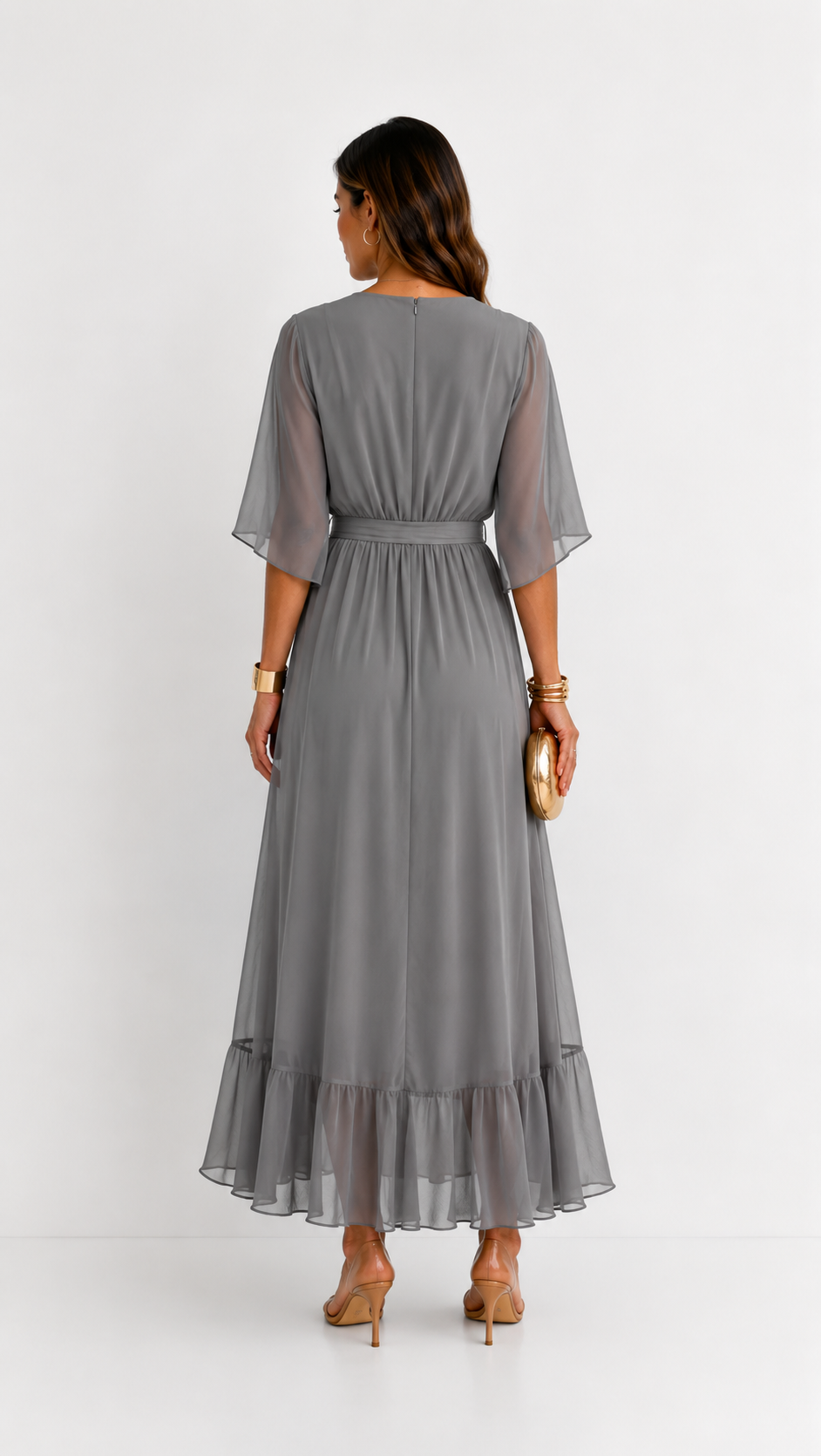 Women's V-Neck Tie Waist High Low Midi Dress
