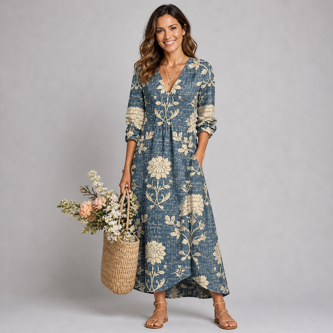 Women's Vintage Floral V-Neck Maxi Dress