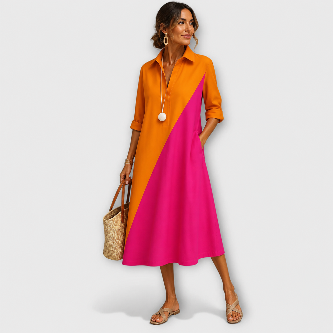 Women's Color Block Collared Midi Dress