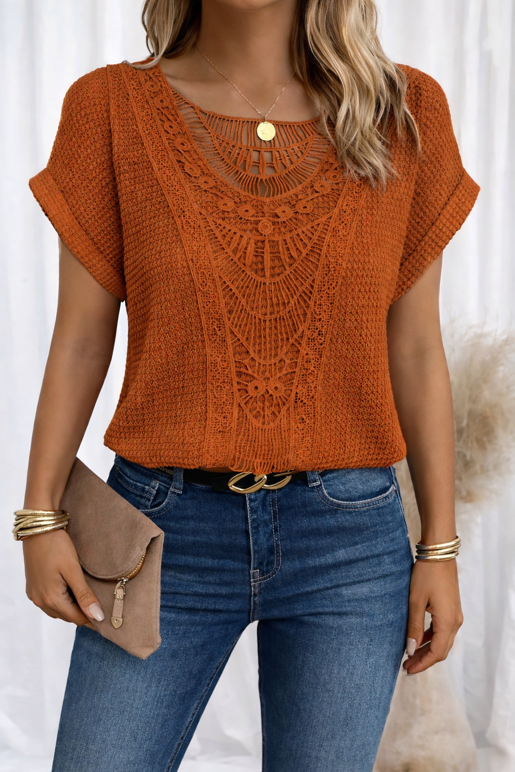 Women's Bohemian Crochet Lace Textured Knit Blouse