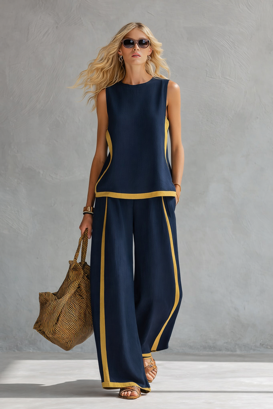 Women's Sleeveless Contrast Trim Top and Wide Leg Pants Set
