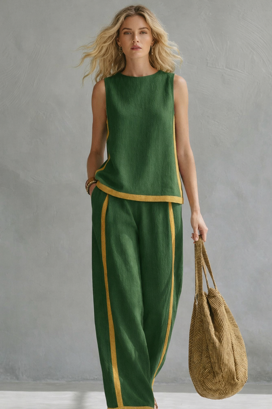 Women's Sleeveless Contrast Trim Top and Wide Leg Pants Set
