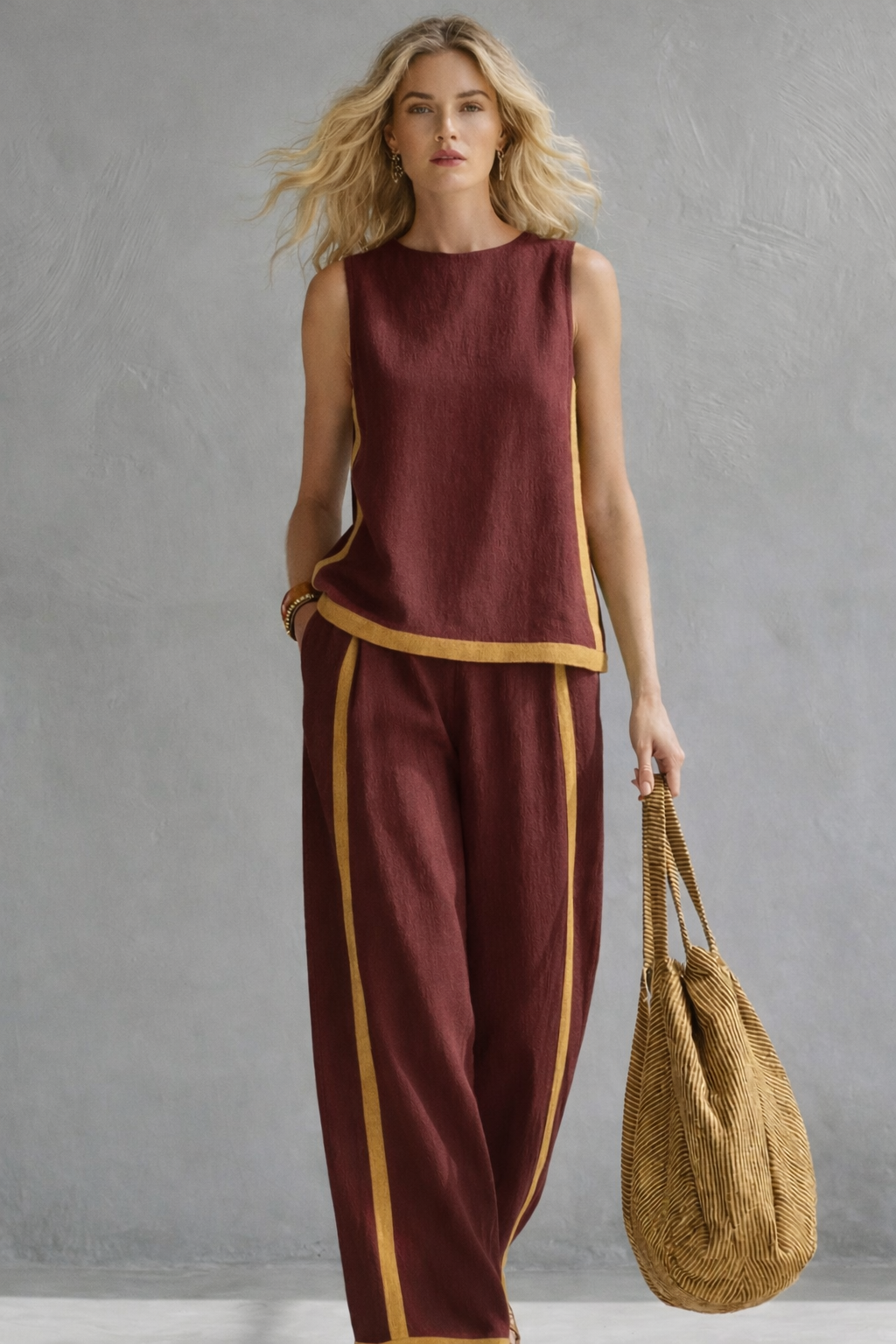 Women's Sleeveless Contrast Trim Top and Wide Leg Pants Set