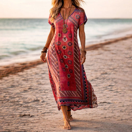 Women's Bohemian Floral V-Neck Maxi Dress