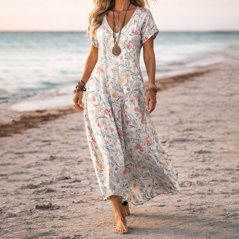 Women's Bohemian Floral V-Neck Maxi Dress