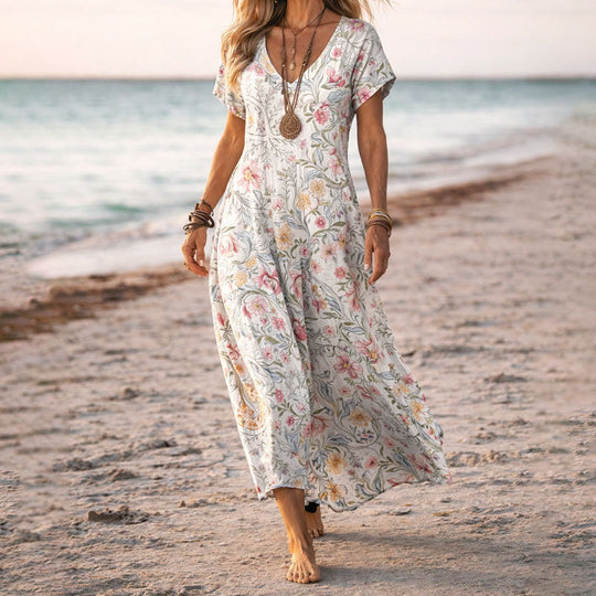 Women's Bohemian Floral V-Neck Maxi Dress